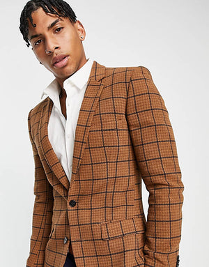 Country Wedding Skinny Wool Mix Blazer In Brown Puppytooth Check