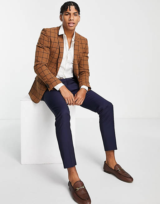 Country Wedding Skinny Wool Mix Blazer In Brown Puppytooth Check