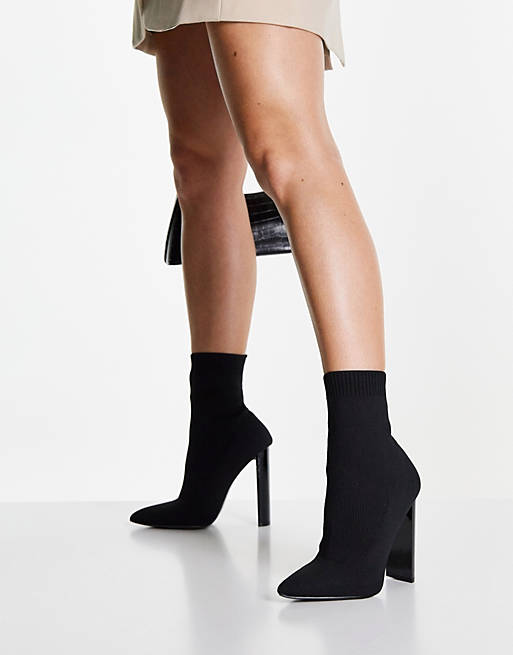 Black Heel Sock Boots In Black Knit