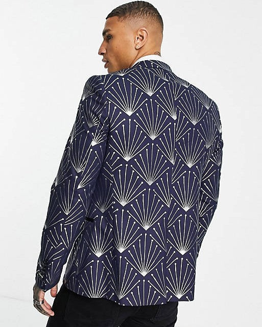 Suit Jacket in Navy with Silver Foil Geometric Print