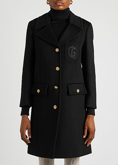 Black Logo-Embroidered Wool Coat