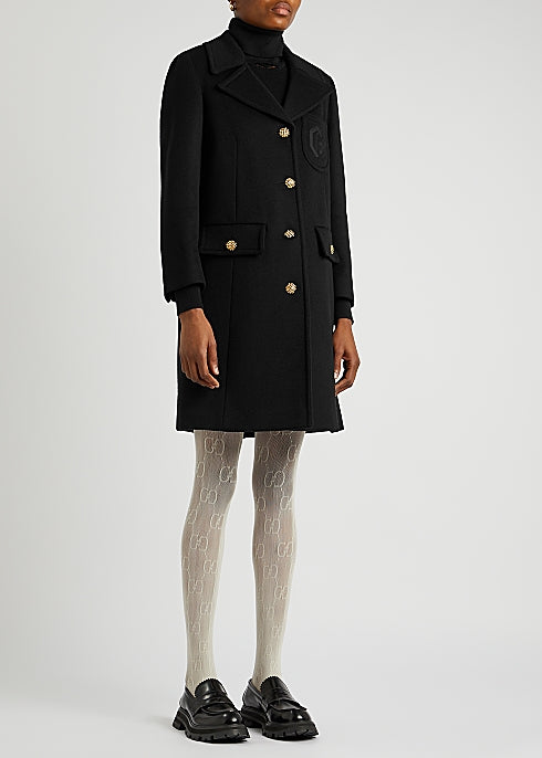 Black Logo-Embroidered Wool Coat