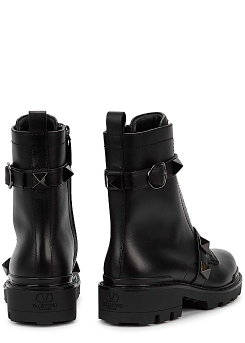 Roman Stud Black Leather Ankle Boots