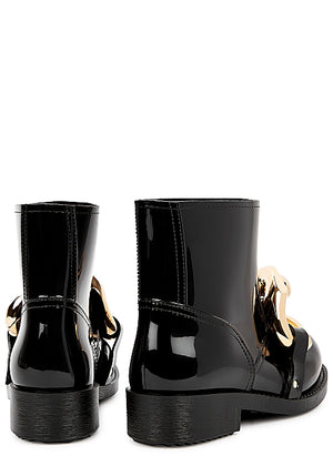 Black Chain-Embellished Rubber Ankle Boots