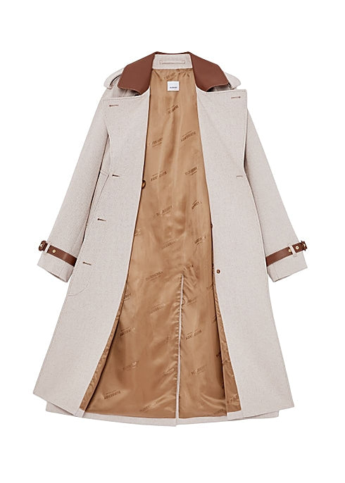 Leather Trim Cotton Canvas Trench Coat