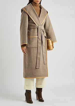 Taupe Leather-Trimmed Wool Coat