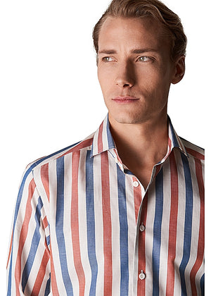 Blue Striped Wrinkle Free Cotton Linen Slim Fit Shirt