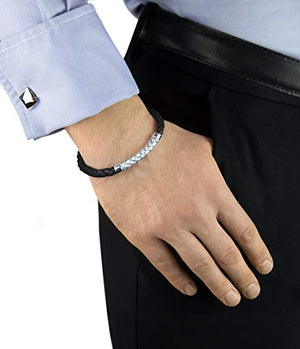 Men's Sterling Silver Herringbone Leather Bracelet