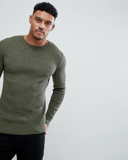 Muscle Fit Ribbed Jumper in Khaki Twist