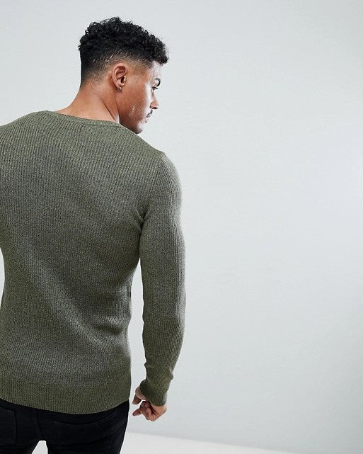 Muscle Fit Ribbed Jumper in Khaki Twist