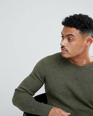 Muscle Fit Ribbed Jumper in Khaki Twist