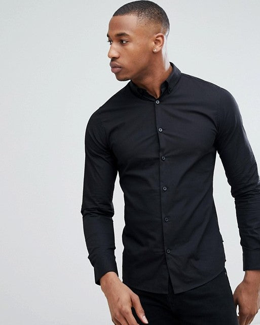 Slim Fit Stretch Poplin Shirt in Black