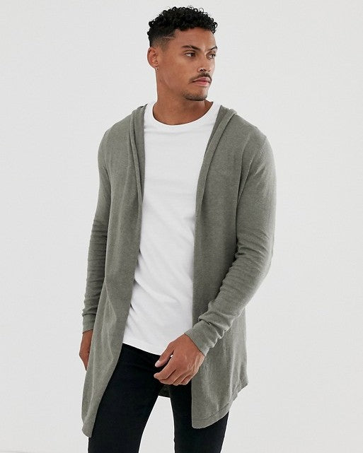 Hooded Open Cardigan With Curved Hem In Khaki