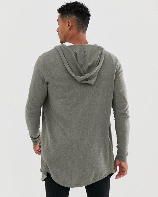 Hooded Open Cardigan With Curved Hem In Khaki