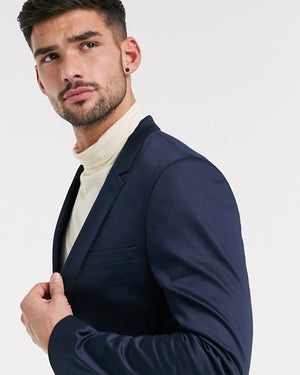 Skinny Double Breasted Blazer with Gold Button in Navy