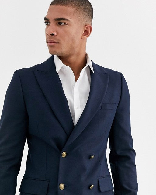 Skinny Double Breasted Blazer with Gold Button in Navy