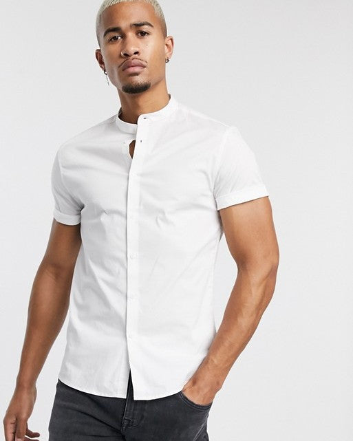 Poplin Skinny Shirt in White with Grandad Collar