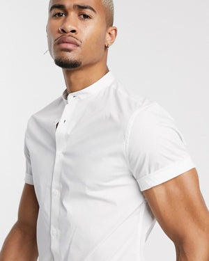 Poplin Skinny Shirt in White with Grandad Collar