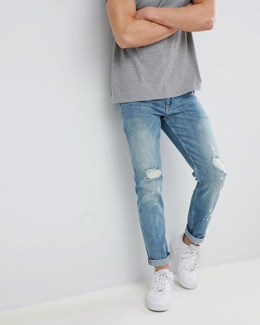 Slim Jeans in Mid Wash Blue with Rips