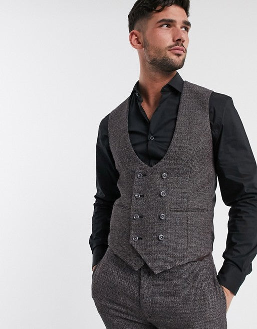 Wedding Super Skinny Suit Waistcoat In Charcoal Tweed Texture