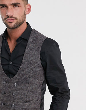Wedding Super Skinny Suit Waistcoat In Charcoal Tweed Texture
