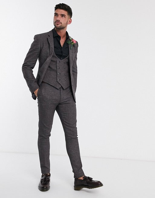 Wedding Super Skinny Suit Waistcoat In Charcoal Tweed Texture