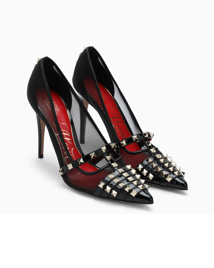 Black Leather And Mesh Rockstud Alcove Pumps
