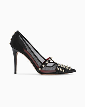 Black Leather And Mesh Rockstud Alcove Pumps