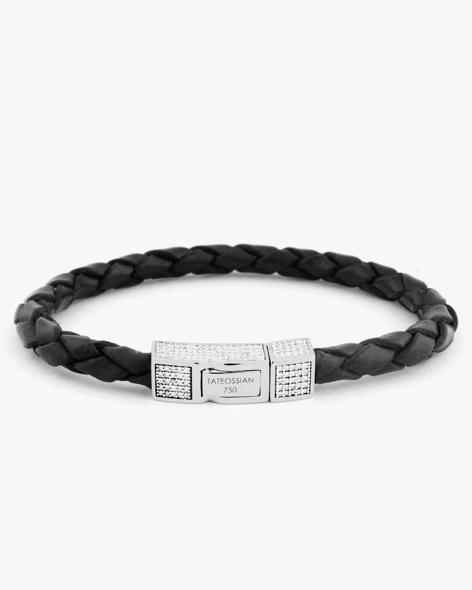 Black Leather Scoubidou Bracelet With White Diamond And 18k White Gold Clasp