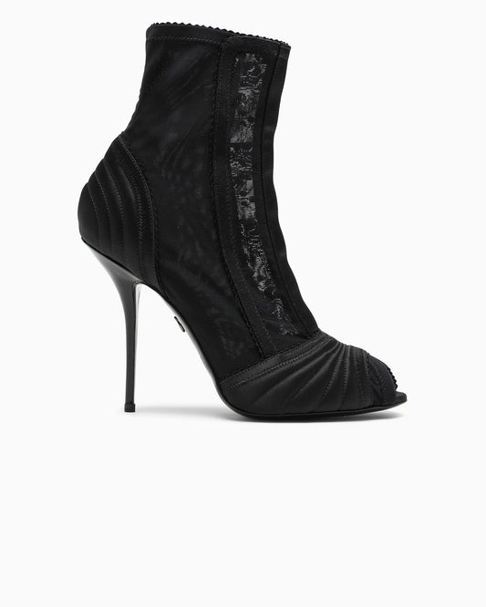 Black Peep-Toe Satin Ankle Boots