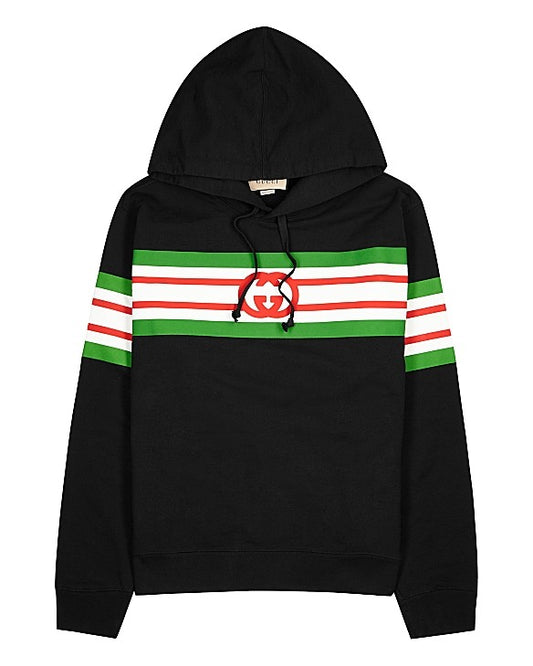 Black Striped Hooded Cotton Sweatshirt