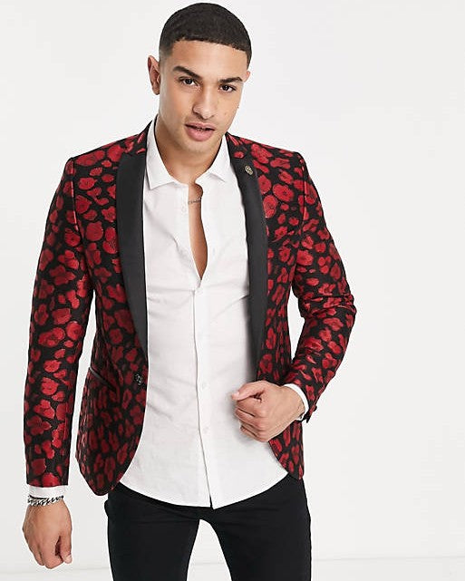 Blazer In Black With Red Leopard Jacquard