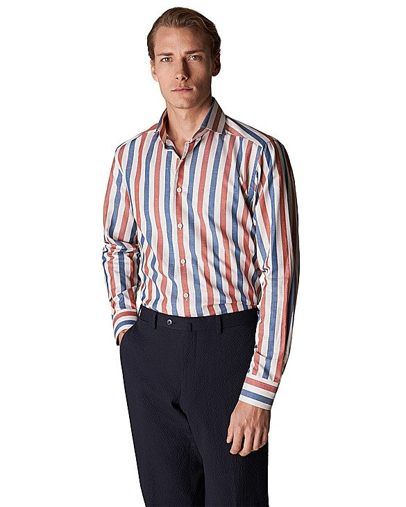 Blue Striped Wrinkle Free Cotton Linen Slim Fit Shirt