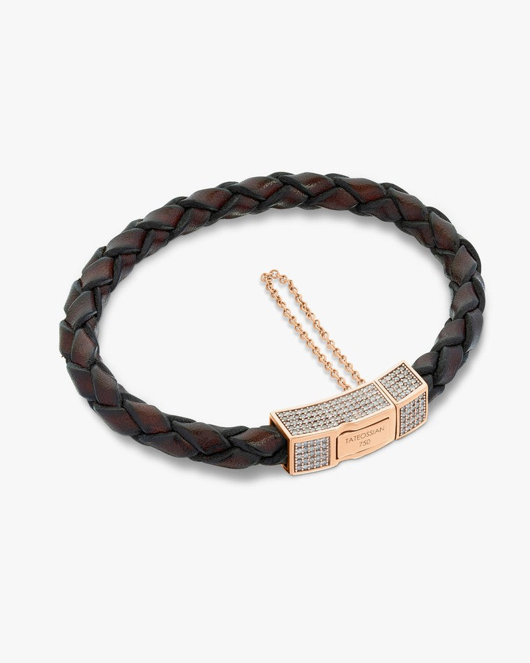 Bracelet In Brown Leather With 18k Rose Gold And Diamond