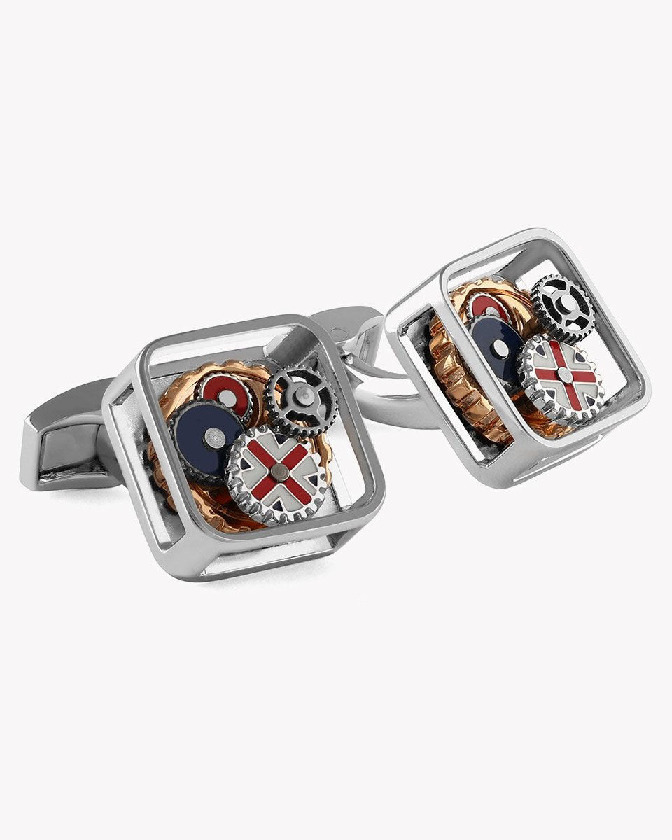 Britannia Gear Square Cufflinks In Rhodium