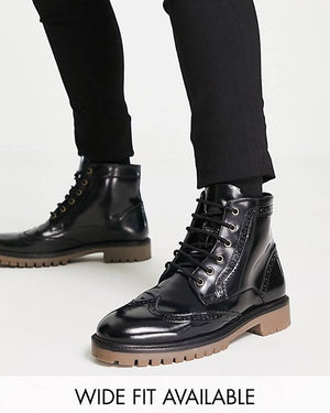 Brogue Lace Up Boot In Black Polished Leather With Contrast Sole