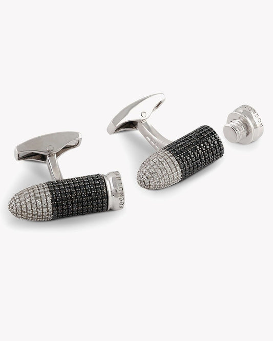 Bullet Pavé Silver Cufflinks In Black & White Diamonds