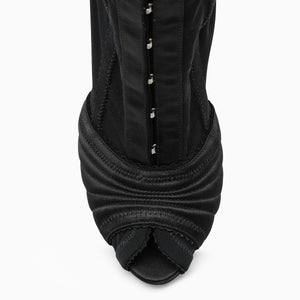 Black Peep-Toe Satin Ankle Boots
