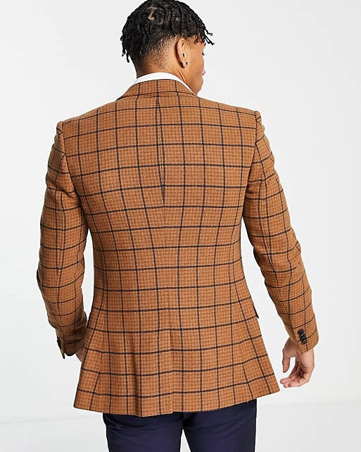 Country Wedding Skinny Wool Mix Blazer In Brown Puppytooth Check