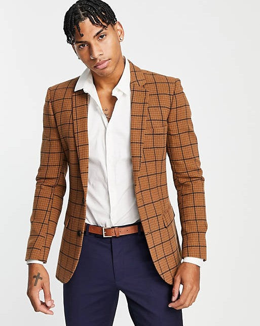 Country Wedding Skinny Wool Mix Blazer In Brown Puppytooth Check