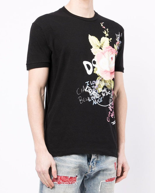 Flowers Print T-Shirt Black