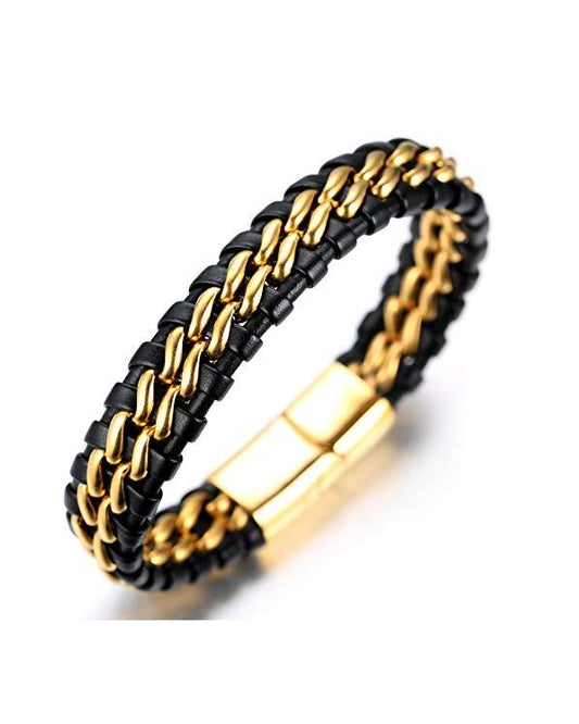 Men's Genuine Leather Titanium Bracelet Black & Golden 8.46"