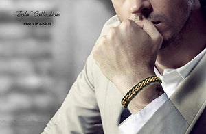 Men's Genuine Leather Titanium Bracelet Black & Golden 8.46"