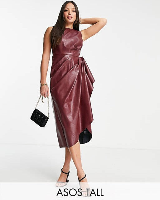 High Neck Pu Midi Dress With Tuck Detail Skirt