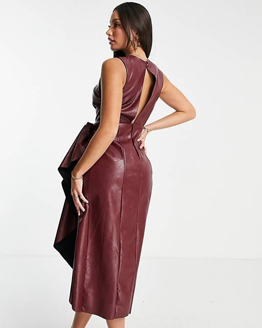 High Neck Pu Midi Dress With Tuck Detail Skirt