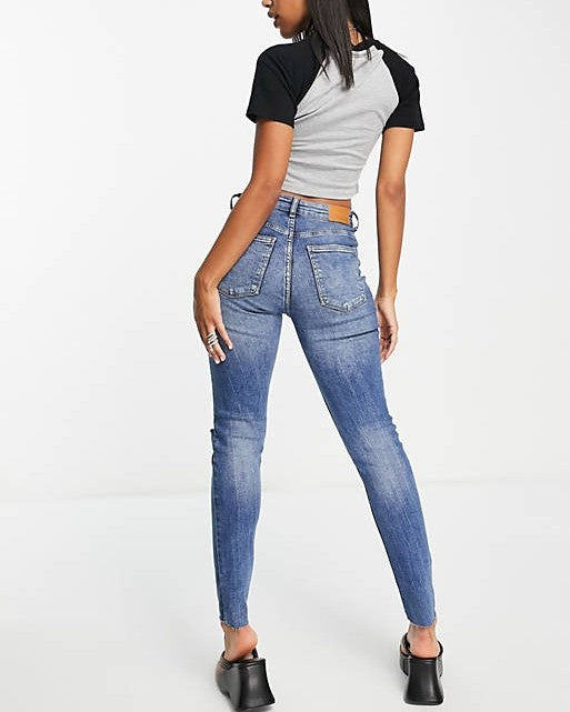 High Waist Skinny Jeans With Rip Detail In Medium Stone