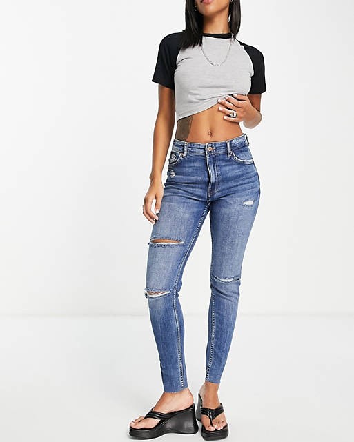 High Waist Skinny Jeans With Rip Detail In Medium Stone