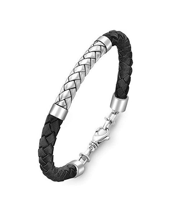 Men's Sterling Silver Herringbone Leather Bracelet