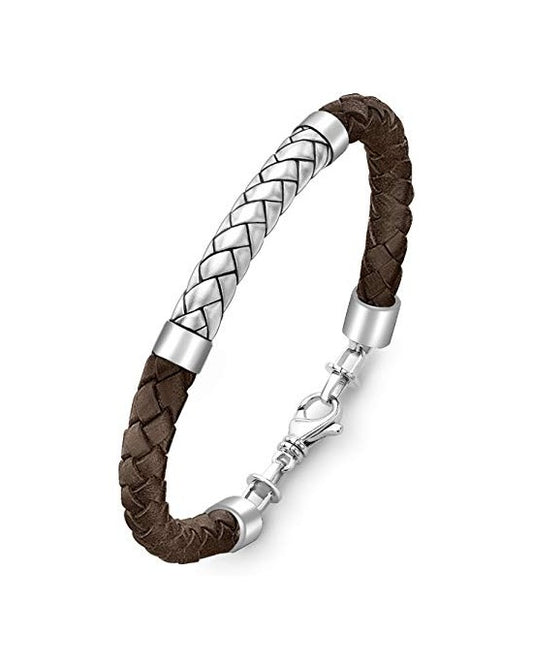 Men's Sterling Silver Herringbone Leather Bracelet