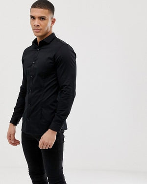 Premium Super Slim Fit Stretch Smart Shirt in Black